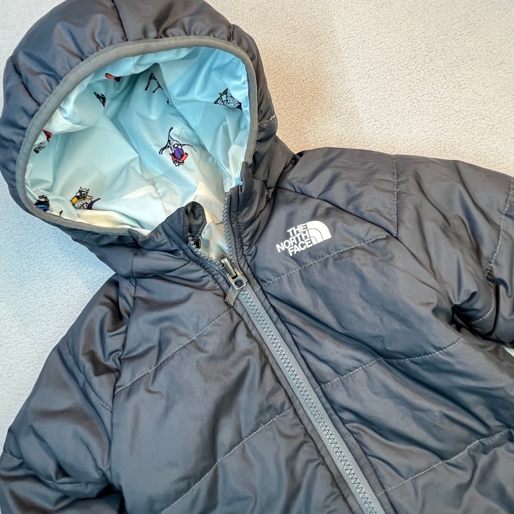 The North Face Kids Reversible Perrito Jacket Gray Yeti Ski Print Puffer Hooded